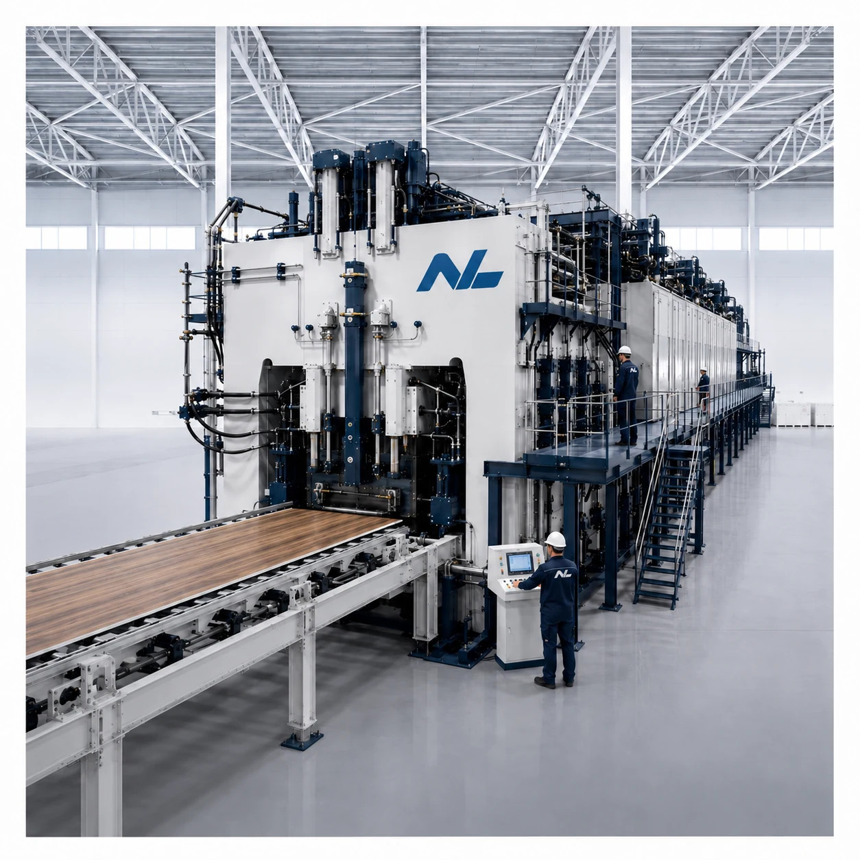 Illustration of a melamine press line in a production hall, with a panel conveyor and control console